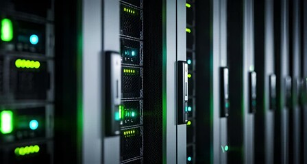 Rows of server racks with blinking green and blue lights in a data center, representing technology and computing power animated 4k video - Powered by Adobe