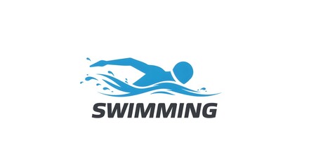 A stylized blue silhouette of a swimmer in motion, with water splashes around them, and the word SWIMMING below