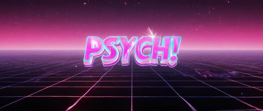 A trendy, retro 80s-style animation of the word "PSYCH!". Perfect for revealing a prank with a cool, vaporwave aesthetic. Seamlessly loops.