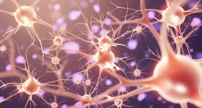 Detailed macro view of biological neurons with orangetoned cell bodies and branching dendrites, set against a blurred background of similar cells animated 4k video