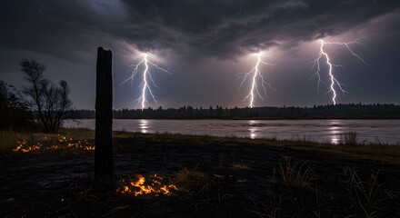 Dramatic thunderstorm over a lake at dusk, lightning strikes illuminate the dark sky