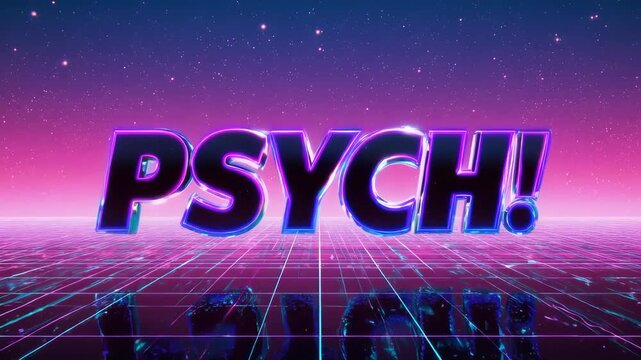 A trendy, retro 80s-style animation of the word "PSYCH!". Perfect for revealing a prank with a cool, vaporwave aesthetic. Seamlessly loops.