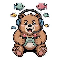 Cute bear gamer with headphones holding controller, kawaii mascot, streaming channel logo, child friendly gaming illustration vector