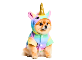 Cute pomeranian dog wearing a colorful unicorn costume isolated on transparent background