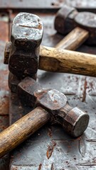 Weathered hammers resting on a rusty metal plate.