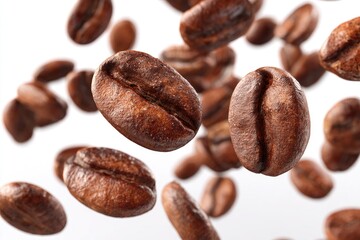 Fototapeta premium Coffee beans in mid-air against a white background
