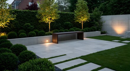 Modern Landscaped Garden with Bench and Lighting