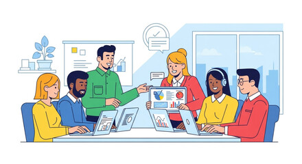 A diverse team collaborates in a modern office, reviewing data on laptops and tablets, with a leader guiding the discussion in a bright, collaborative space