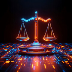 Futuristic balance scale with neon lights representing justice and fairness