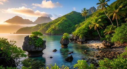 Fototapeta premium Tropical Paradise - Lush Island Landscape with Turquoise Waters and Golden Sunset.