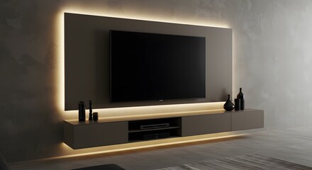 Fototapeta premium Modern Living Room Interior with TV and Ambient Lighting