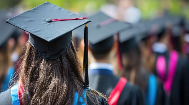 A group of graduates in academic regalia, including mortarboards and gowns, standing in a line at a graduation ceremony.