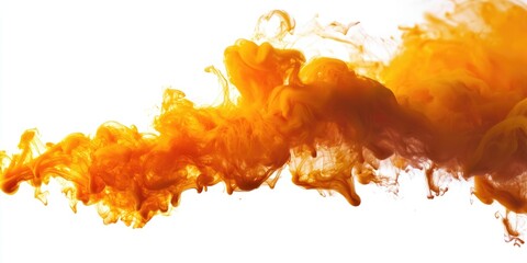 A vibrant orange and yellow cloud of paint or ink, swirling and spreading across a white background, with a hint of a dark, textured surface in the foreground.