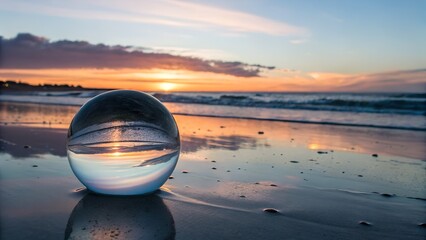 Crystal ball placed on wet sand, reflecting inverted sky and ocean horizon, glowing sunset colors, surreal yet realistic composition, cinematic lighting in 8K