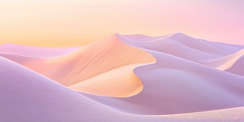 A serene, pink and purple desert landscape with sand dunes under a soft, pastel sky.