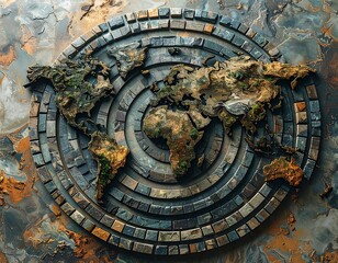 Fototapeta premium World map, stone mosaic, concentric circles, textured
