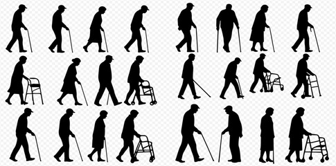 Silhouettes of elderly people walking with canes and walkers, depicting aging and mobility challenges.