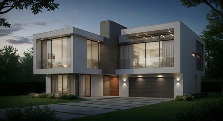 Fototapeta premium Modern Luxury Home Exterior at Dusk