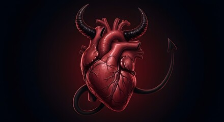 A dramatic illustration of a human heart with devil horns and a coiled tail, symbolizing inner conflict, temptation, and dark aspects of human nature