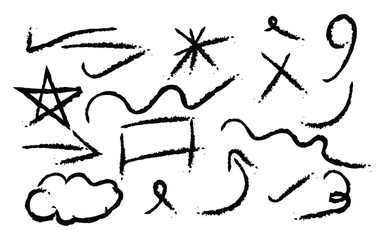 Collection of hand drawn black chalk doodles and symbols on white background