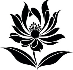 Elegant black silhouette of a blooming lotus flower with detailed petals and leaves vector