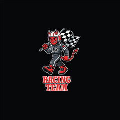  Cartoon Red Devil Racing Mascot with Checkered Flag