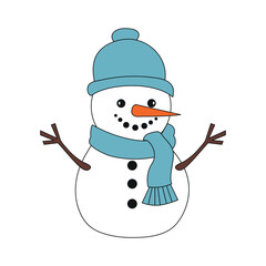Cute cartoon snowman with blue hat and scarf.