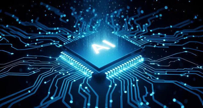 Abstract glowing blue ai chip on a dark circuit board background with digital data streams, representing artificial intelligence and technology animated 4k video