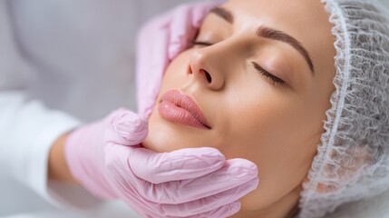A gloved beautician examines a woman s face prior to cosmetic treatment