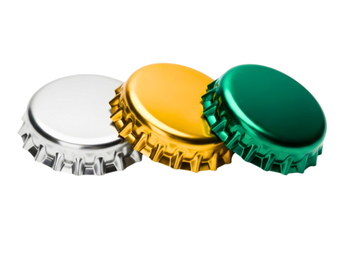 Three colorful metal bottle caps arranged diagonally isolated on transparent background