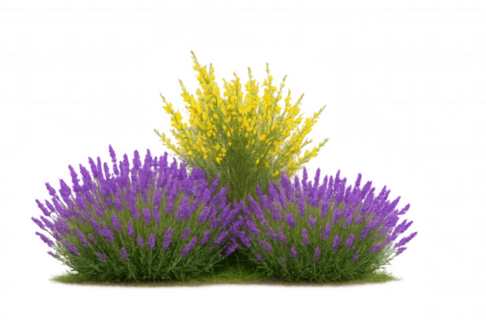 Lavender and flowering broom bushes growing in garden arranging plants with transparent background
