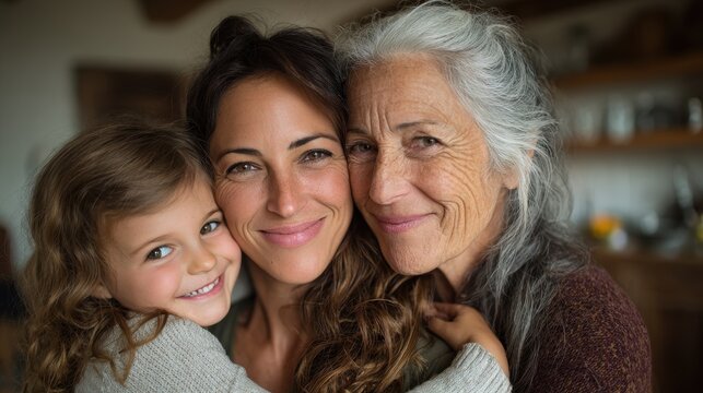 Adoring attractive woman holding her young daughter and elderly mother - Powered by Adobe