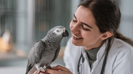 Attractive young vet feeding an African gray parrot in a clinic