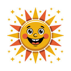 cute smiling sun face, golden rays pattern, sparkling star accents, playful summer mascot, happy sunshine illustration vector