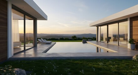 Fototapeta premium Modern Luxury Villa with Infinity Pool at Sunset