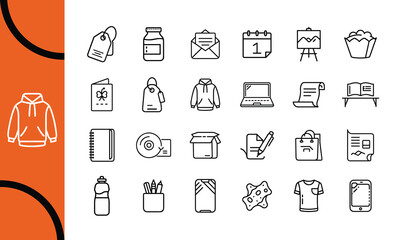 General Merchandise and Product Line Icon Set – Shopping, Packaging, Apparel, Stationery, and E-commerce Outline Icons