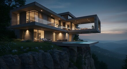 Modern Luxury Villa with Infinity Pool on Cliffside at Dusk