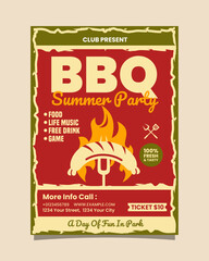 BBQ Summer Party Vertical Portrait Flyer or Poster Red And Green Retro, BBQ invitation poster vector template design.