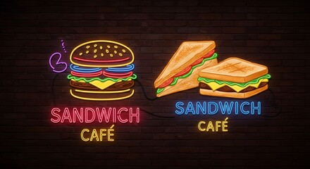 Dynamic neon glowing signs featuring delicious sandwiches and classic burgers, perfect for a modern café or restaurant branding with an inviting, illuminated aesthetic