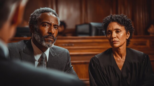 Black man and Latina woman meet with divorce attorney in court