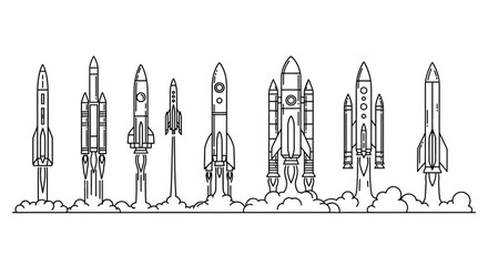 Collection of retro rocket ship launch illustrations in black and white © Runa