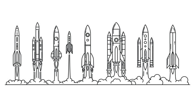 Collection of retro rocket ship launch illustrations in black and white