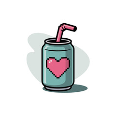 Fizzy soda can with straw, pixel heart label, kawaii gamer drink, pastel bubbles, cute beverage graphic, vector illustration