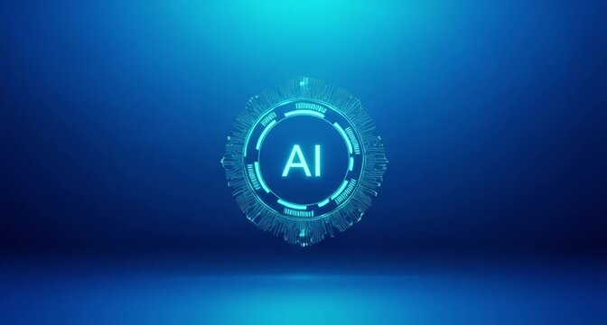 Abstract representation of artificial intelligence with interconnected circuits forming a circular pattern on a blue background animated 4k video