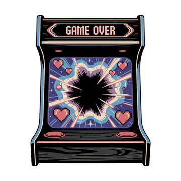 Vintage arcade cabinet, game over screen, shattered pixel heart explosion, nostalgic gamer artwork, retro console theme, vector