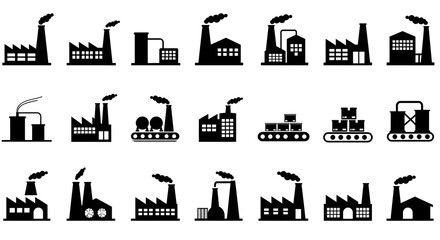 A diverse collection of industrial building icons, featuring factories, manufacturing plants, and warehouses, rendered as black silhouettes for industrial production and infrastructure design projects
