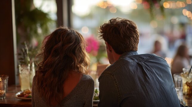 Couple dining at restaurant side angle torso view