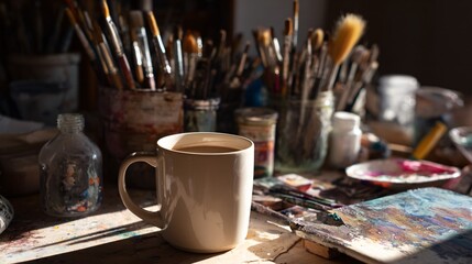 Mug of coffee sits among paintbrushes and art supplies in warm sunlight.