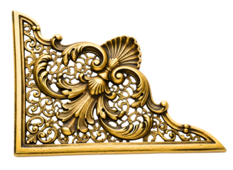 Ornate golden corner embellishment with acanthus leaves and grapes isolated on transparent background