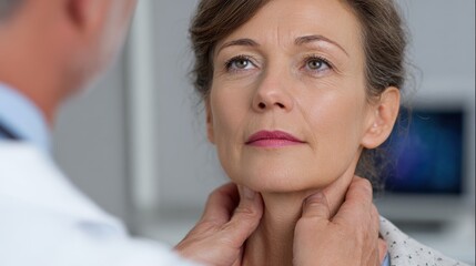 Doctor examines older woman s neck for thyroid issues at clinic Thyroid care
